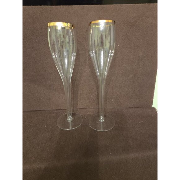 Hollow Stem Tall Champagne Flutes Glasses Gold Trim‎ 9.75" - Picture 1 of 11